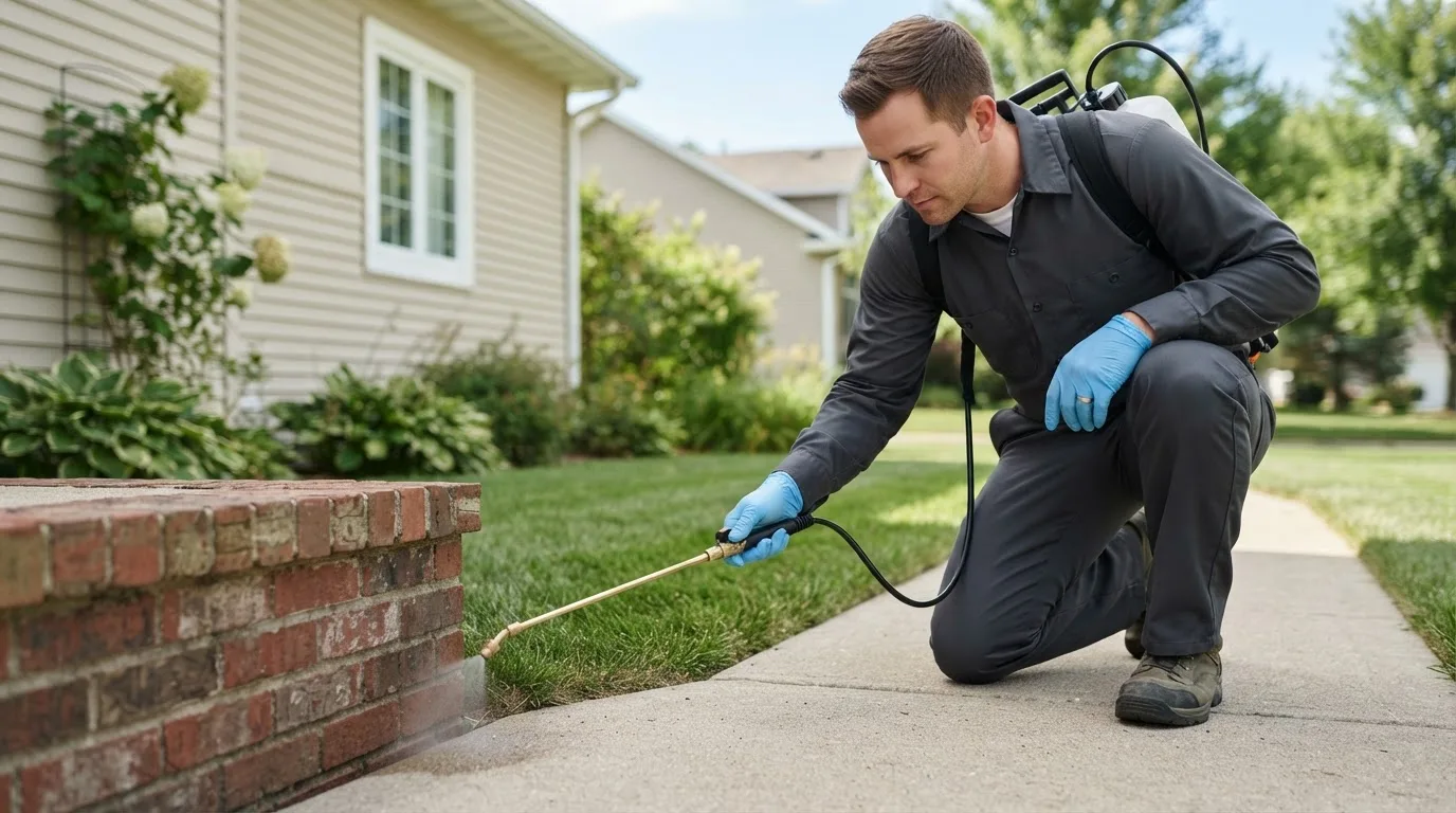 Pest control technician treating a home near Pattonsburg, MO