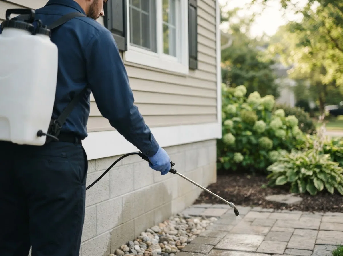 Pest control technician inspecting a home in Pattonsburg, MO